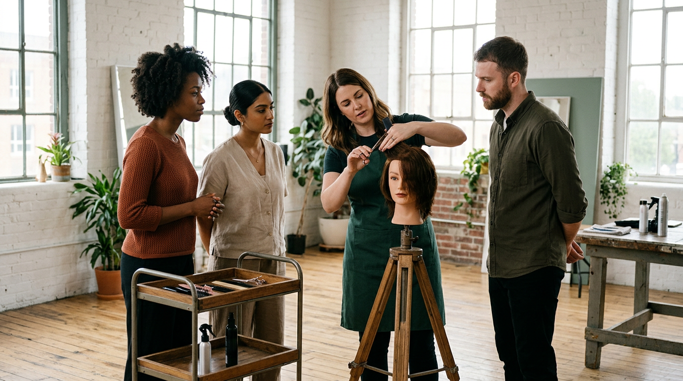 In a sunlit rented loft studio, an educator in a green apron demonstrates a cutting technique on a mannequin on a tripod stand while three stylists watch closely